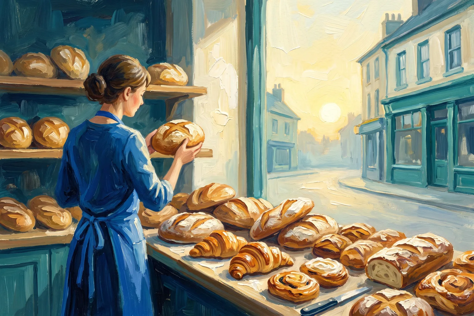 A baker setting fresh loaves in a sunlit bakery window, painted by hand