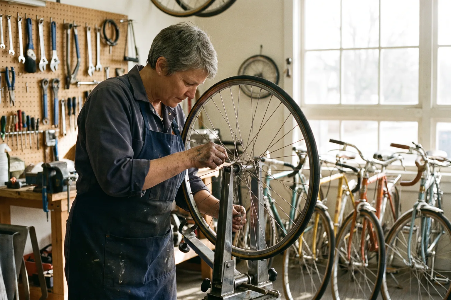 A bike-shop owner truing a wheel in a small repair workshop