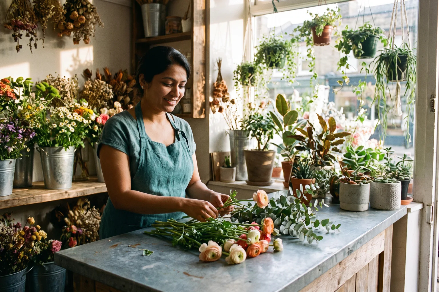 A florist arranging a loose bouquet of ranunculus at the counter of a small flower shop
