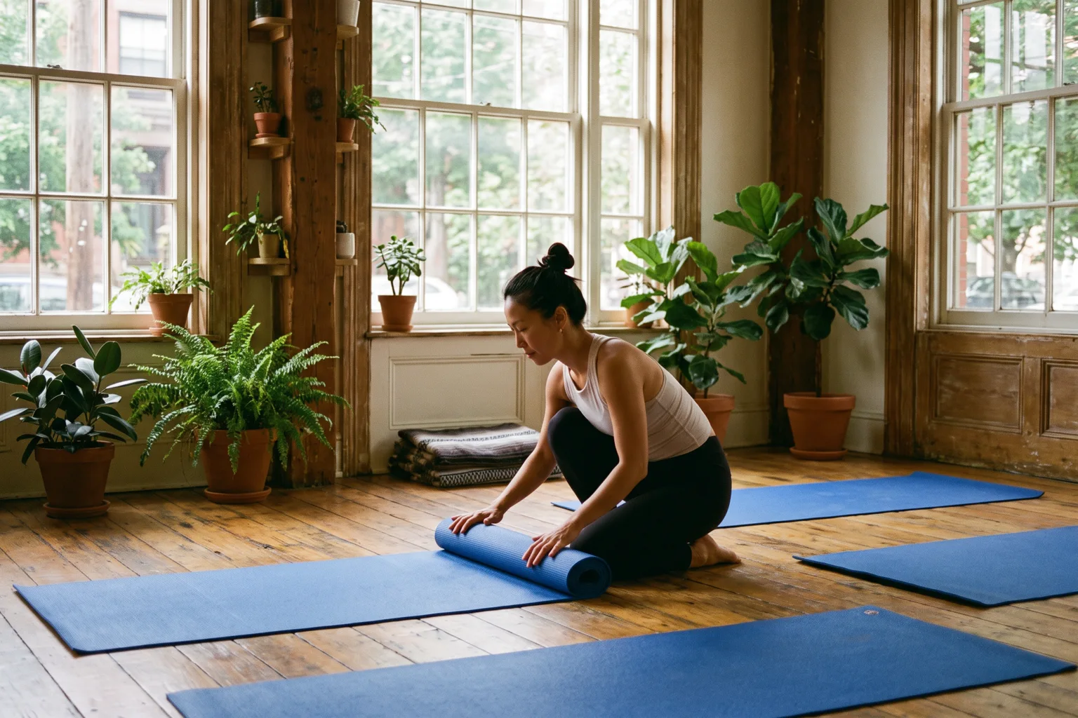 A studio owner rolling out mats before a class in a bright room