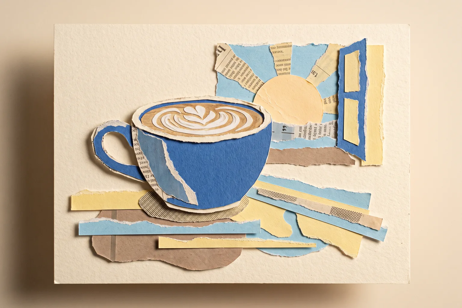 A cobalt coffee cup and a rising sun in a tactile paper collage