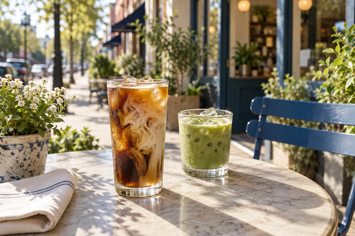 Iced coffee and matcha on a sunny café patio table