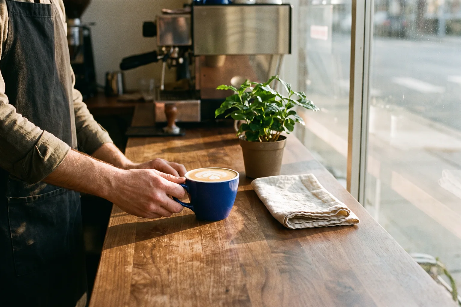 A barista slides a cobalt blue latte across the walnut counter in morning light at Daybreak Café, a neighborhood café
