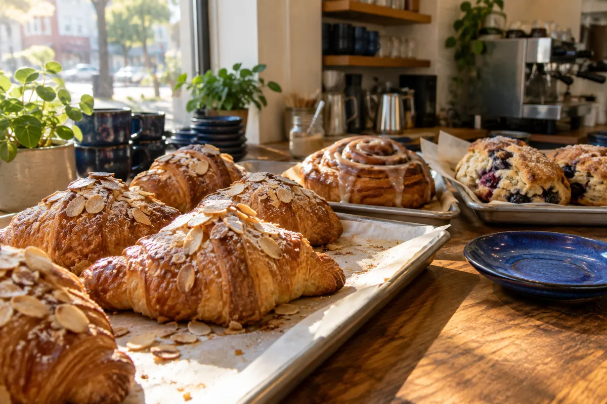 Fresh almond croissants, cinnamon buns and berry scones on the café counter