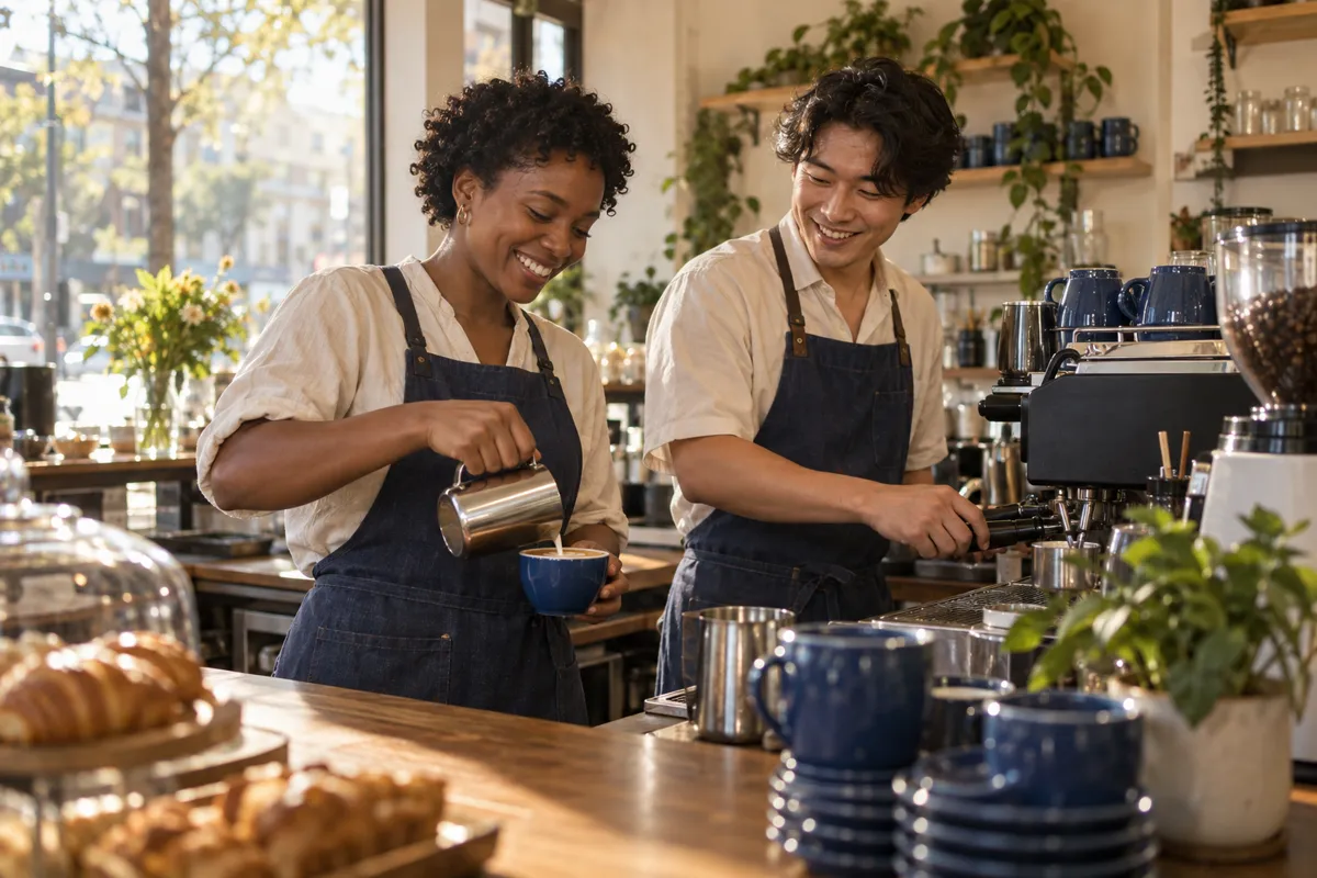 Two Daybreak baristas sharing a smile while making coffee at the counter