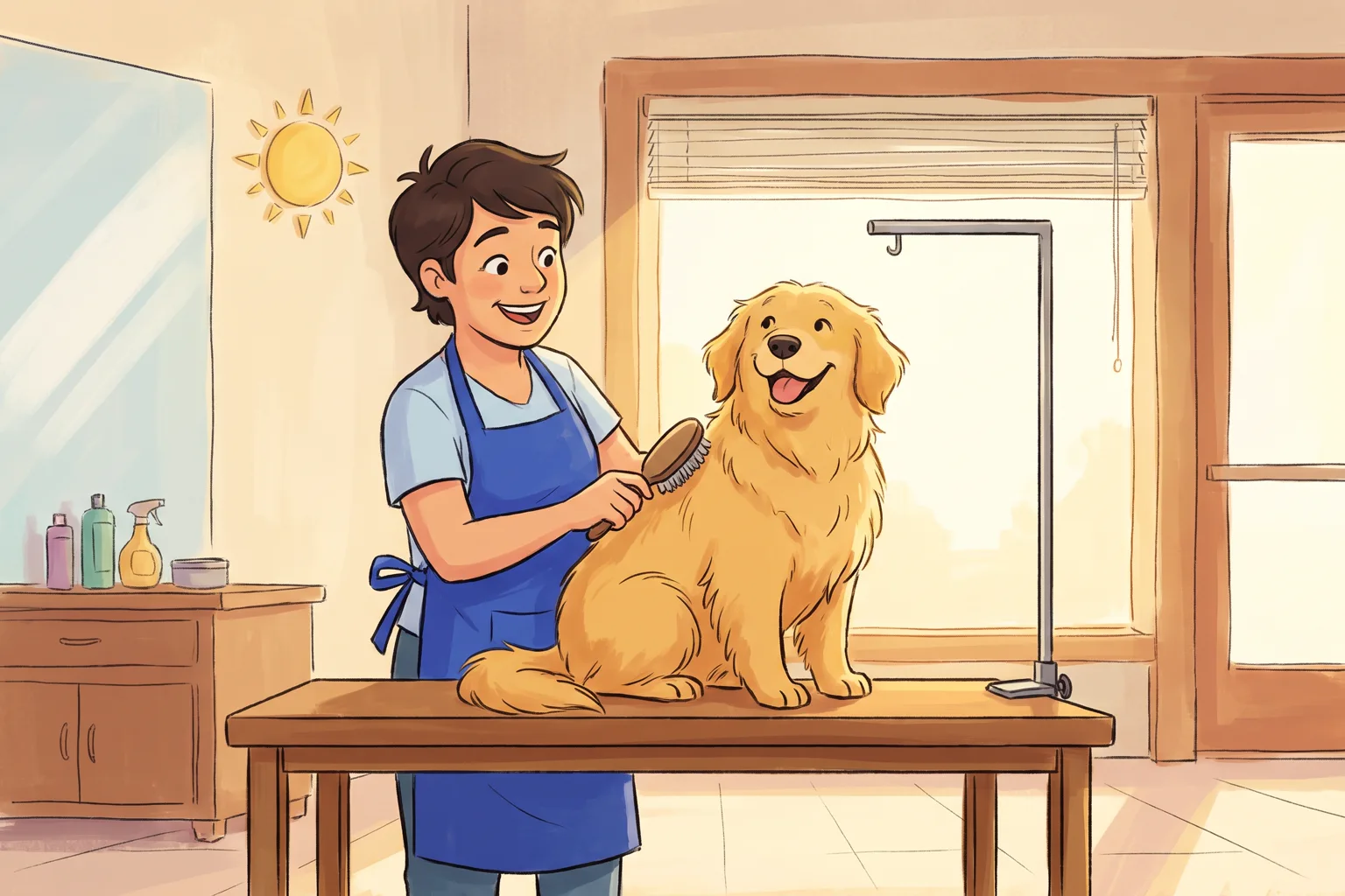An illustrated groomer brushing a happy golden dog