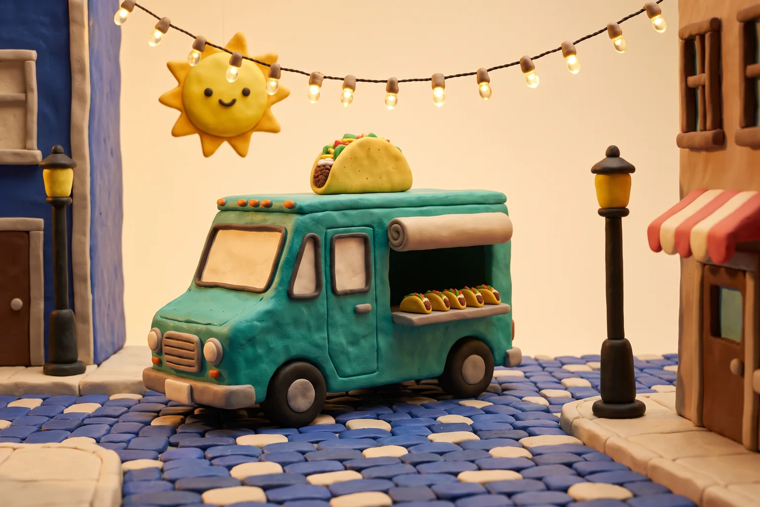 A miniature teal taco truck under string lights, modeled in clay